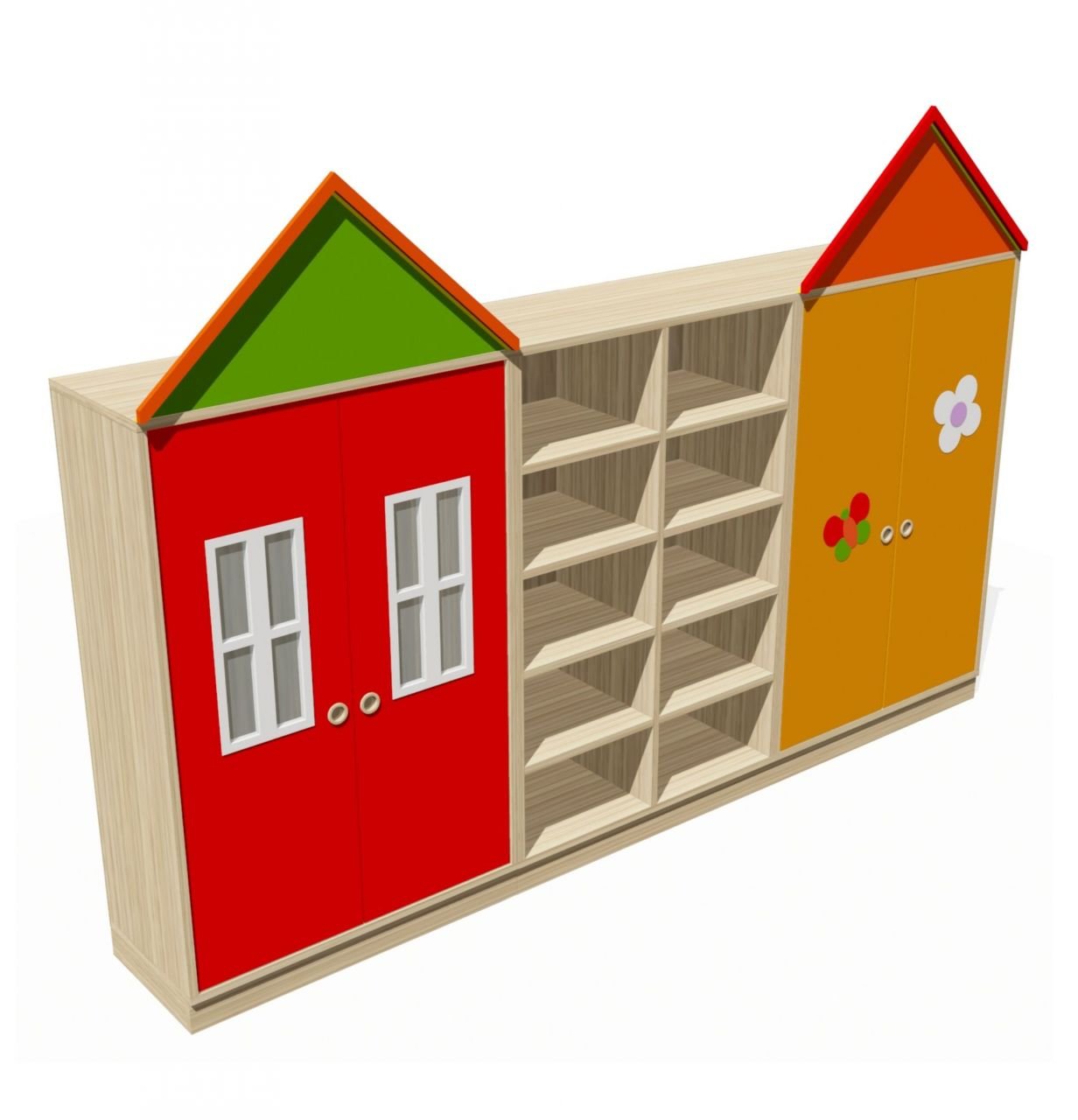 İki Taraflı Çatılı ve Figürlü Kapaklı Dolap