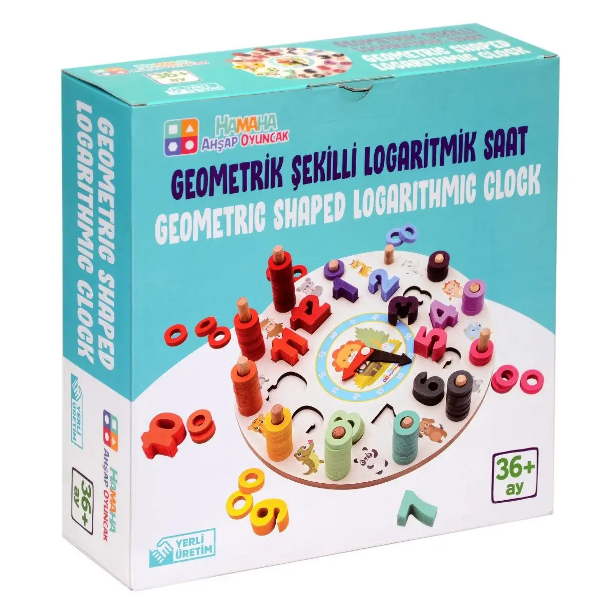 Ahşap Geometrik Şekilli Logaritmik Saat ve Eğitici Sayma Seti